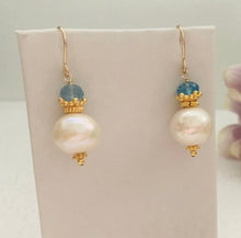Load image into Gallery viewer, Freshwater Pearl and Swiss Blue Topaz Earrings in 14K Gold Fill

