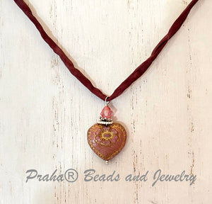 Czech Glass Light Mauve Heart Necklace on Silk Cord