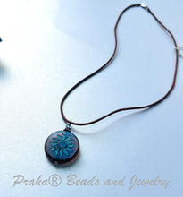 Load image into Gallery viewer, Czech Glass Light Blue Sun Bohemian Drop Necklace on Leather Cord
