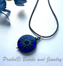 Load image into Gallery viewer, Czech Glass Bright Blue Sun Bohemian Drop Necklace on Leather Cord

