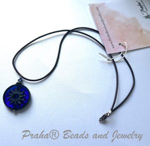 Czech Glass Bright Blue Sun Bohemian Drop Necklace on Leather Cord