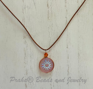 Czech Glass Orange Sun Bohemian Drop Necklace on Leather Cord
