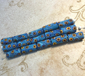 Millefiori Tube Beads, Blue and Yellow, 18MM x 8MM