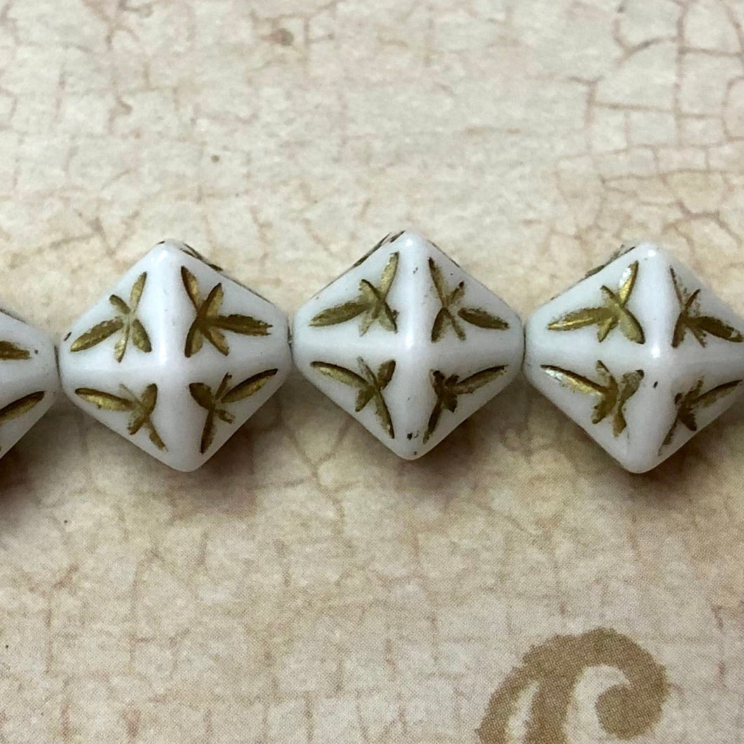 Czech Decagon White and Gold Glass Dragonfly Beads