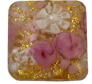 Murano Glass Foil Roses and White Lace Square Bead, 20MM