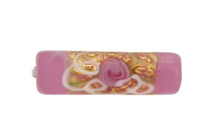 Murano Wedding Cake Pink and Gold Glass Tube Bead, 25MM