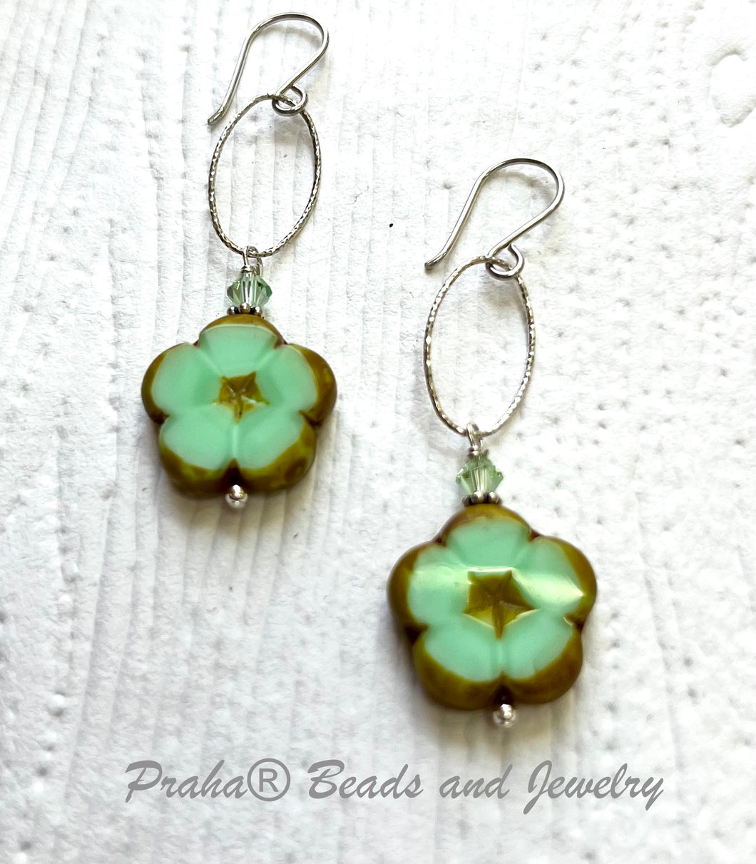 Czech Glass Pale Green Flower Earrings in Sterling Silver
