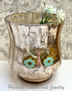 Czech Glass Pale Green Flower Earrings in Sterling Silver