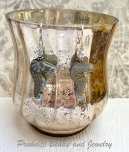 Czech Glass Light Blue Sea Horse Earrings in Sterling Silver