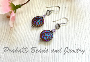 Czech Glass Iris Metallic Dahlia Earrings in Sterling Silver