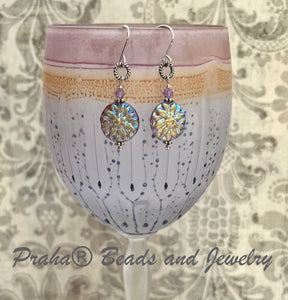 Czech Glass Iris Metallic Dahlia Earrings in Sterling Silver