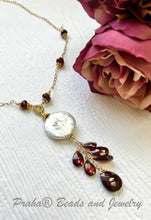 Load image into Gallery viewer, Freshwater Coin Pearl and Garnet Drop Necklace in 14K Gold Fill
