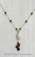 Load image into Gallery viewer, Freshwater Coin Pearl and Garnet Drop Necklace in 14K Gold Fill
