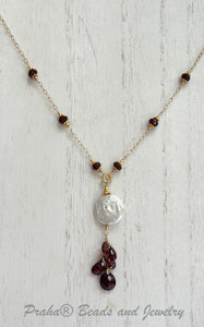 Freshwater Coin Pearl and Garnet Drop Necklace in 14K Gold Fill