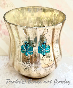 Czech Blue Glass Flower Earrings in Sterling Silver