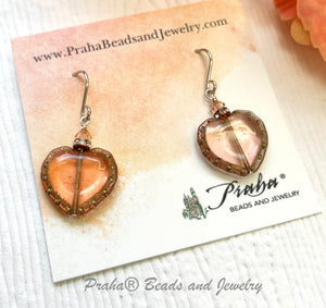 Czech Glass Peach Heart Earrings in Sterling Silver
