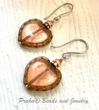 Load image into Gallery viewer, Czech Glass Peach Heart Earrings in Sterling Silver
