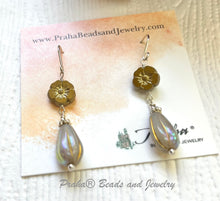 Load image into Gallery viewer, Czech Glass Gray and Gold Dangle Drop Earrings in Sterling Silver
