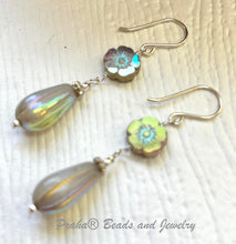 Load image into Gallery viewer, Czech Glass Gray and Gold Dangle Drop Earrings in Sterling Silver

