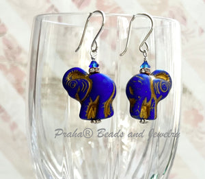 Czech Glass Blue Elephant Earrings in Sterling Silver