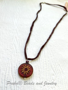 Czech Glass Burnt Orange Sun Bohemian Drop Necklace on Silk Cord