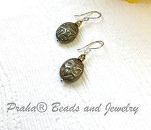 Load image into Gallery viewer, Czech &quot;Rustic&quot; Green Glass Oval Earrings in Sterling Silver

