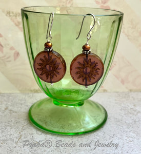 Huge Round Burnt Orange Czech Glass Sun Bohemian Drop Earrings in Sterling Silver