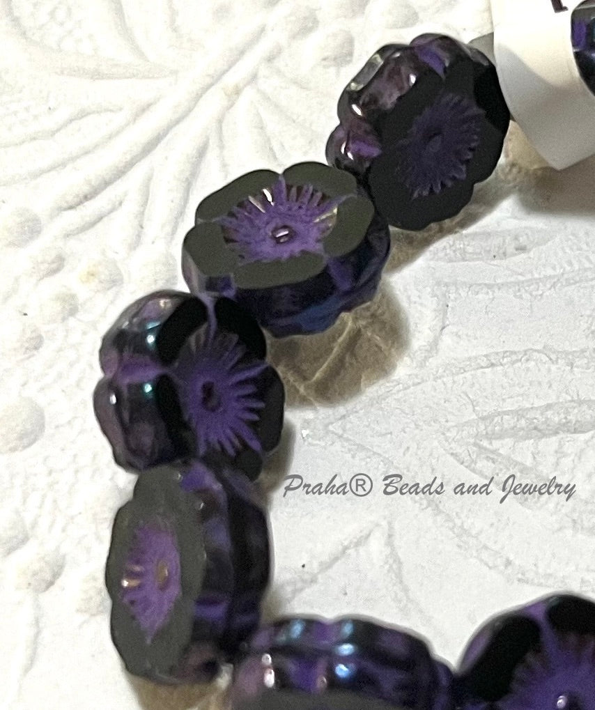 Czech Hibiscus Flower Eggplant with Iris Finish and Purple Wash, 9 MM