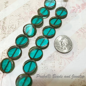 Czech Caribbean Green/Copper Coin Beads, Czech 16MM