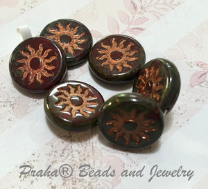 Czech Glass Sun Coin Burnt Umber with Copper and Picasso Finish, 22 MM