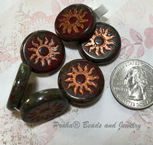 Load image into Gallery viewer, Czech Glass Sun Coin Burnt Umber with Copper and Picasso Finish, 22 MM
