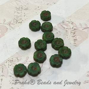 Czech Hibiscus Dark Green with Red Finish Glass Bead, 7 MM