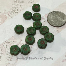 Load image into Gallery viewer, Czech Hibiscus Dark Green with Red Finish Glass Bead, 7 MM

