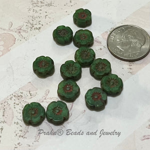 Czech Hibiscus Dark Green with Red Finish Glass Bead, 7 MM