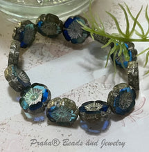 Load image into Gallery viewer, Czech Glass Hibiscus Flower Sapphire and Sky Blue with AB and Antique Silver Finish, 12 MM

