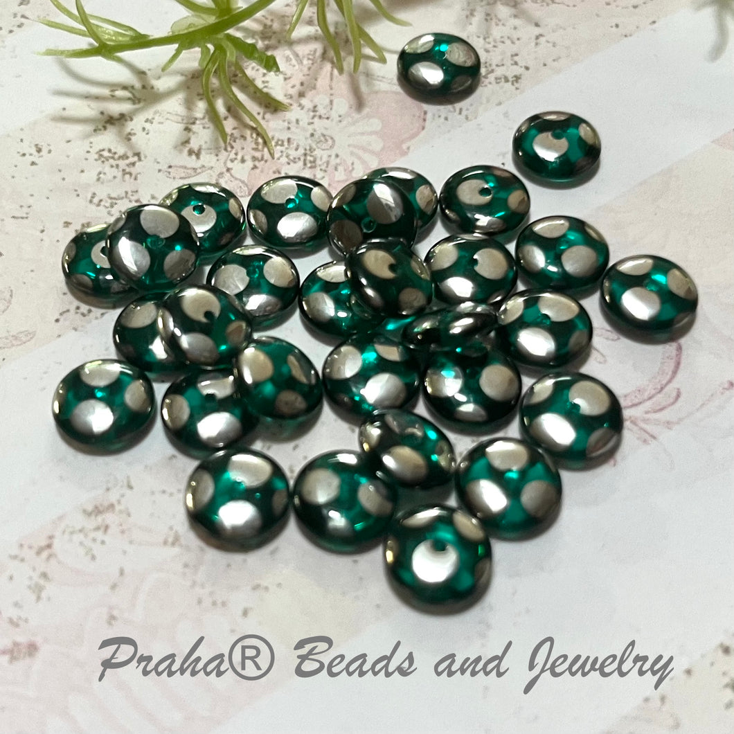 Czech Puffy Green and Silver Coin Glass Beads, 8MM