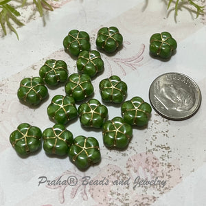 Czech Green and Gold Puffy Flower Glass Beads 8MM