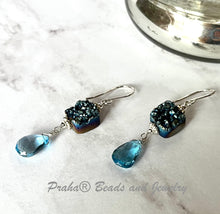Load image into Gallery viewer, Bright Blue Druzy Quartz and Swiss Blue Topaz Earrings in Sterling Silver
