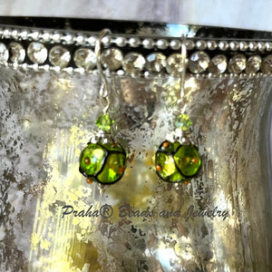 Czech Green Lampwork Glass Earrings in Sterling Silver