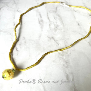 Czech Green Glass and Gold Foil Drop Necklace on Silk Cord