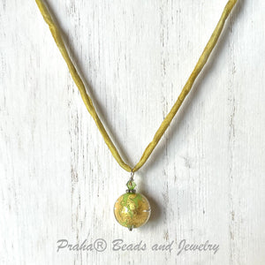 Czech Green Glass and Gold Foil Drop Necklace on Silk Cord