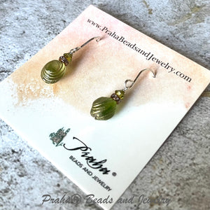 Czech Glass Green and Gold Saturn Earrings in Sterling Silver