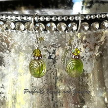 Load image into Gallery viewer, Czech Glass Green and Gold Saturn Earrings in Sterling Silver
