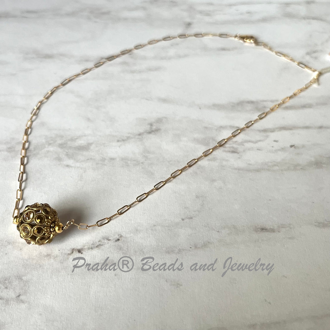 Swarovski Crystal Filigree Encrusted Gold Necklace in 14K Gold Fill