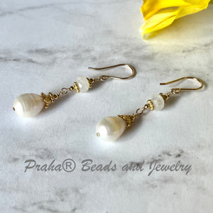Freshwater Pearl and Moonstone Earrings in 24K Vermeil