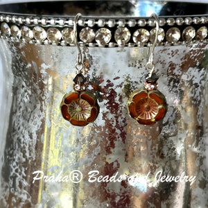 Czech Glass "Amber" Flower Earrings in Sterling Silver