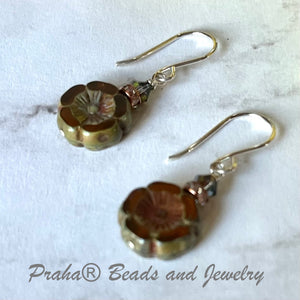 Czech Glass "Amber" Flower Earrings in Sterling Silver