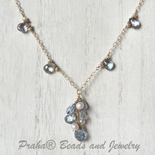 Load image into Gallery viewer, Blue Sapphire and Freshwater Pearl Drop Necklace in 14K Gold Fill
