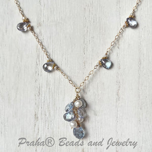 Blue Sapphire and Freshwater Pearl Drop Necklace in 14K Gold Fill