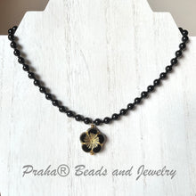 Load image into Gallery viewer, Large Black Czech Glass Hibiscus Necklace with Swarovski Crystal Pearls
